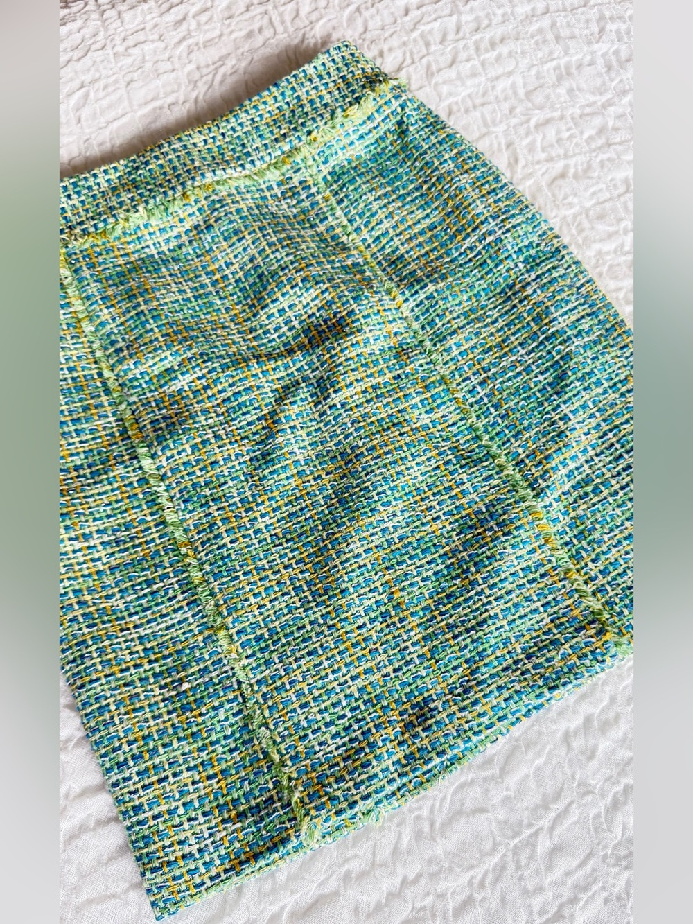 J McLaughlin Tweed A Line Skirt Teal Green Fringe Trim Lined Size 4 - Picture 3 of 12